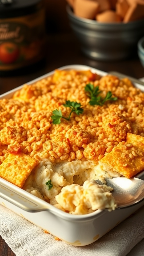 A creamy chicken casserole topped with Ritz crackers, served in a baking dish, garnished with parsley.